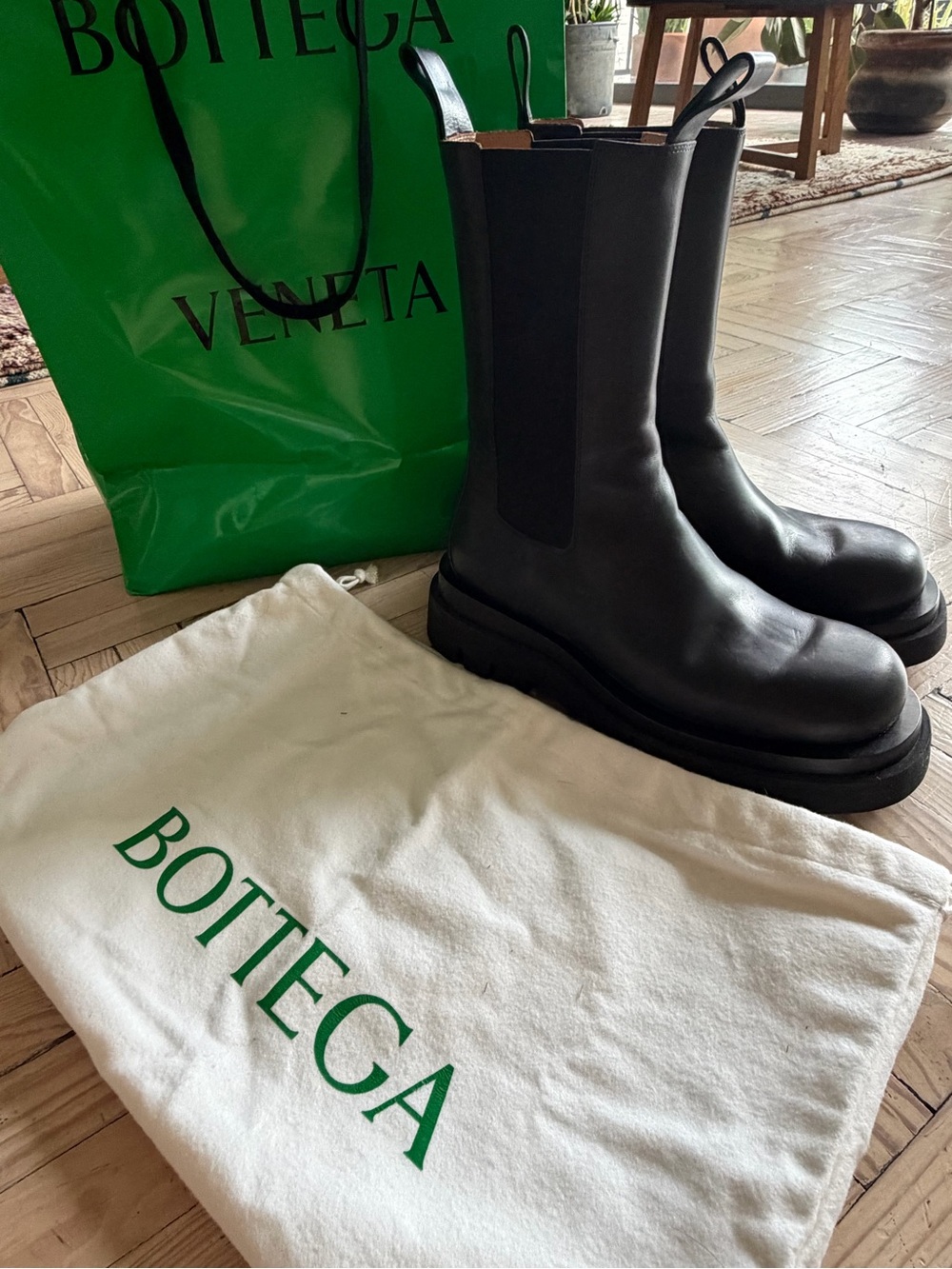 Bottega Veneta Black Leather Lug-Sole Mid-Calf Chelsea Boots